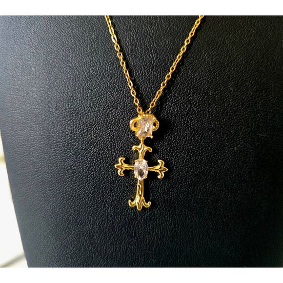 Stainless Steel Gold Rhinestone Ctoss Necklace New - Picture 4 of 5